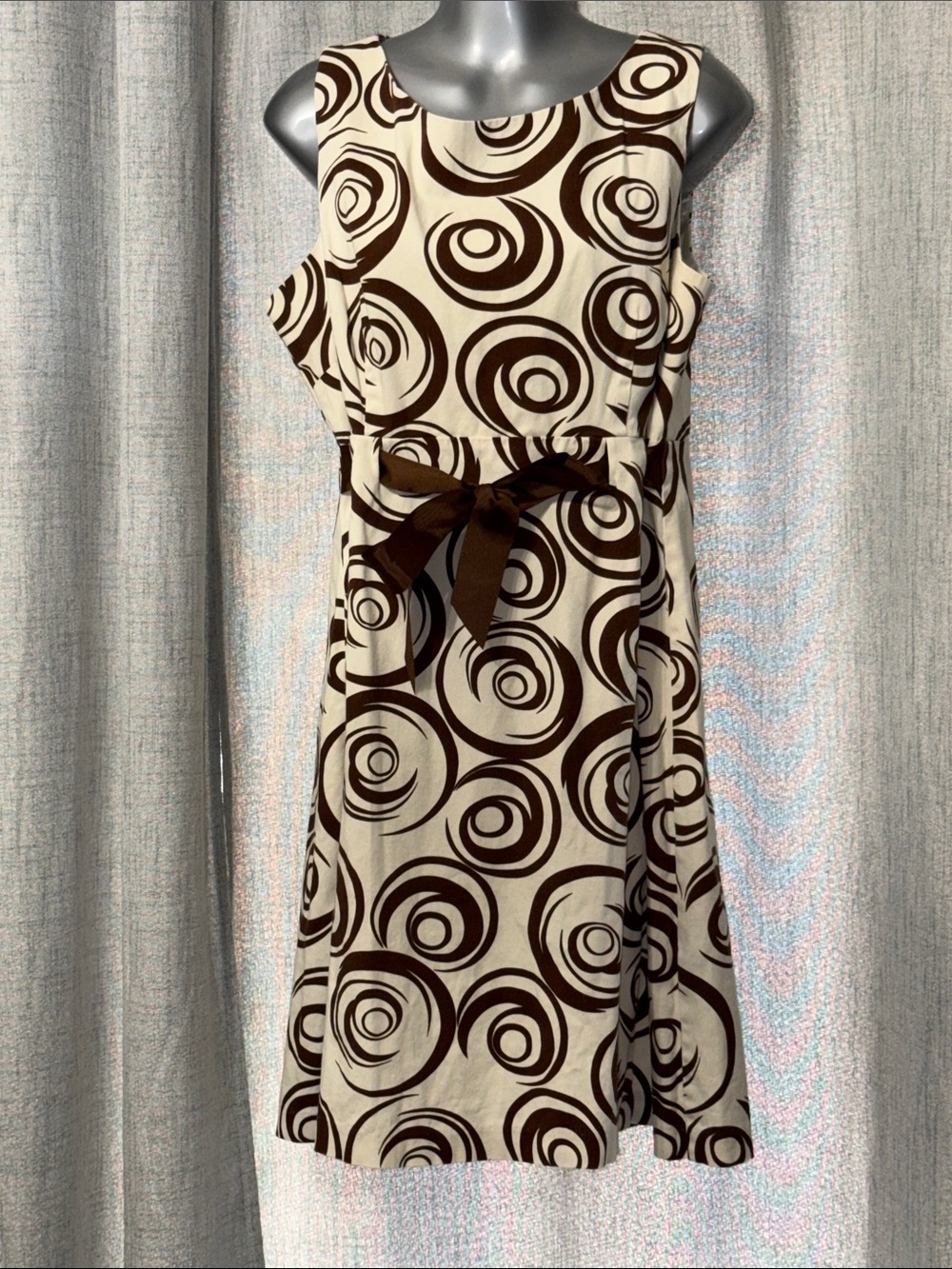 Jessica Howard Cream Dress with Brown Swirl Print and Waist Tie